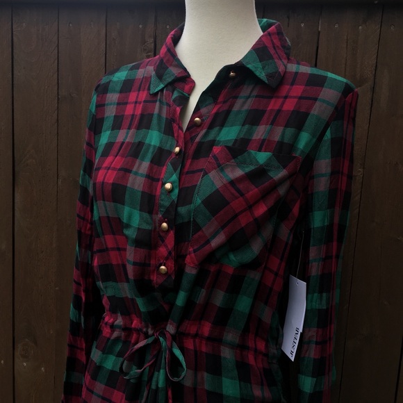 Just Fab | Red/Green Button Down Tie Tunic/Dress - Picture 2 of 8